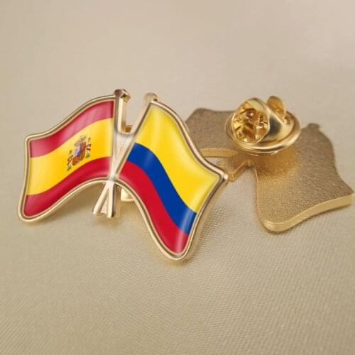 Spain and Colombia Crossed Double Friendship Flags Lapel Pins Brooch Badges