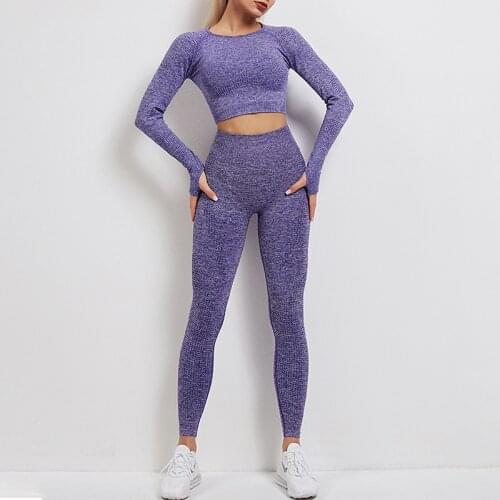 NORMOV Seamless Women Sets Casual O Neck Longsleeve With Thumb Tops Push Up Leggings 2 Piece Of Sets Fitness Sets Female