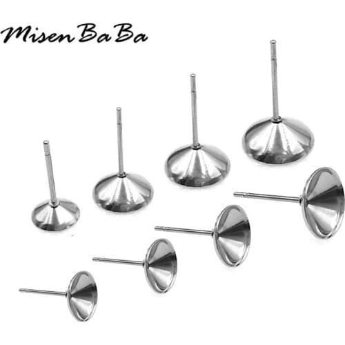 100PCS 5 Sizes Stainless Steel Round Beads Crystal Caps Stud Earring Cabochon Base Earrings Settings for Jewelry DIY Findings