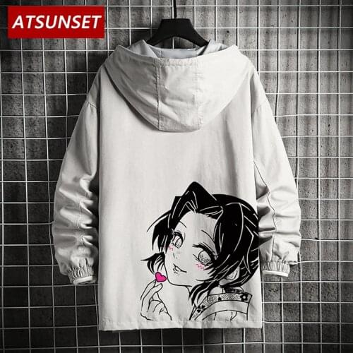 ATSUNSET Demon Slayer Kochou Shinobu Print Hip Hop Jacket Harajuku Winter Jacket Casual Mens Fashion Coat Streetwear Tops