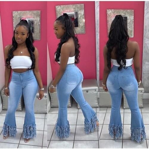 Cool Street Fashion Horn Trousers Tassel Denim Pants Full Length Denim Flare Capris Pants Holes Bell Bottom Trousers Jeans Pants