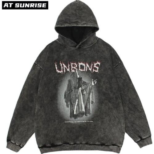 Men Hip Hop Hoodie Sweatshirt Streetwear Ghost Letter Print Pullover Harajuku Cotton Sweat Shirt Oversize Washed Black Hoodie