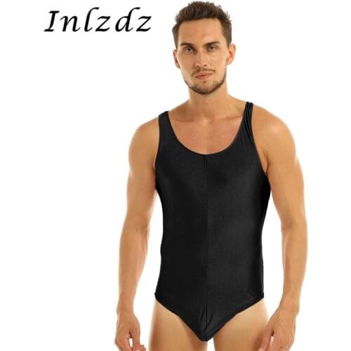 Mens Erotic Lingerie Latex Bodysuit Sleeveless Scoop Neck Gymnastics Leotard Catsuit Bodysuit Underwear Bikini Thong Jumpsuit