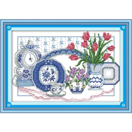 Flowers in celadon vase cross stitch kit cartoon 14ct 11ct count print canvas stitching embroidery DIY handmade needlework