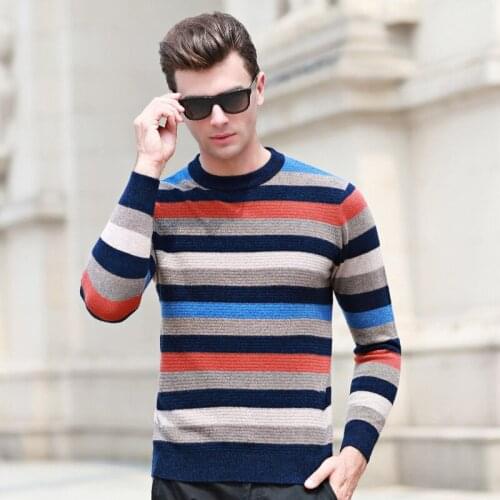 2019 Spring New Striped Sweater Men Contrast Color Slim Fit 100% woolen O-neck Plus Size Knitted Pullovers