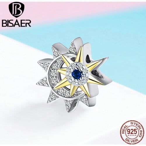 BISAER 925 Sterling Silver Sun & Moon Charms Clear CZ Zircon Planet Beads fit Charms Bracelets DIY 925 Silver Jewelry ECC1137