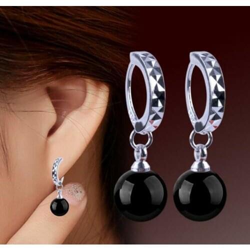 Pretty Fashion 8mm Black Agate Gemstone Beads Drop silver Hook Earring