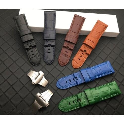 Blue Green Black 24mm Italy Genuine leather bamboo Watchband For Panerai strap Butterfly Buckle watch band With engraving tools