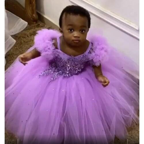 Lilac Lace Beaded Flower Girl Dresses Ball Gown Beaded Sequined Appliqued Little Kids Birthday Pageant Wedding Gowns