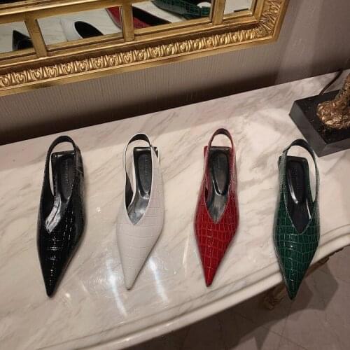 Fashion Women Pumps Pointed Toe Shoes Solid Thin Mid Heels Shallow Party Pumps Slippers Slides Patent Leather Back Strap Sandal