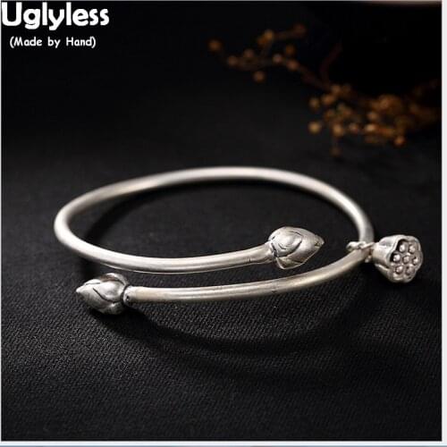 Uglyless Real 999 Silver Fine Jewelry Women China Style Lotus Charms Bangle 100% Handmade Engrave Floral Bangles Buddhism Bijoux