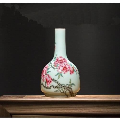 Qing Qianlong Period Celadon Glaze Famille Rose Peach Blossom Pattern Vase