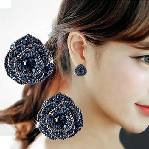 Vintage Sweet Rose Flower Blue Crystal Drop Earrings For Women Fashion Jewelry Accessories Cute Gifts