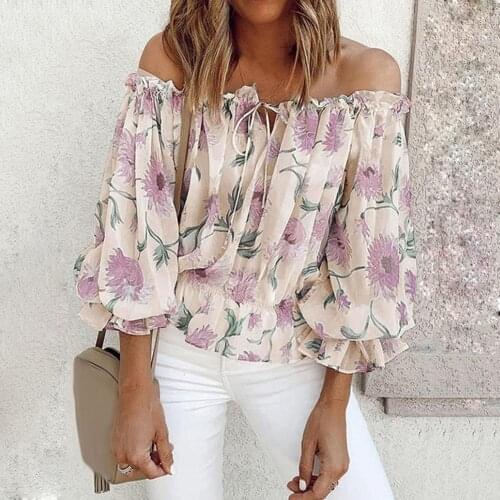 Women Shirt Floral Print Puff Sleeve Blouse Off Shoulder Blouse 2021 Summer Elegant Hollow Female Drawstring Sexy Casual Blouse