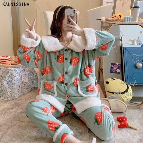 Women Winter Homewear Pajama Sets Coral Fleece Warm Postpartum Nursing Maternity Clothes Female Thick Long Fleece Pajamas Set