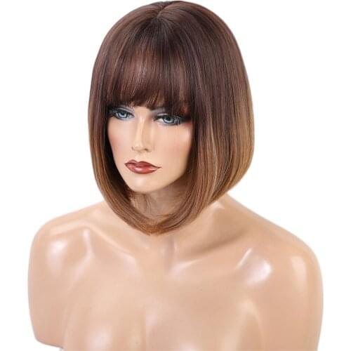 12 Inch Lady Natural Straight Bob Wigs W/ Flat Bangs For Daily Costume Work Prom