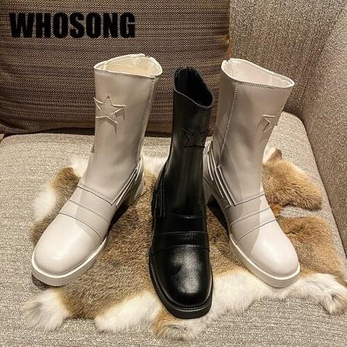 Autumn Women Boots Ladies Mid Calf Boots Woman Real Leather Shoes Female Black Brand Boots Fashion Crystal Botas Motocycle Shoes