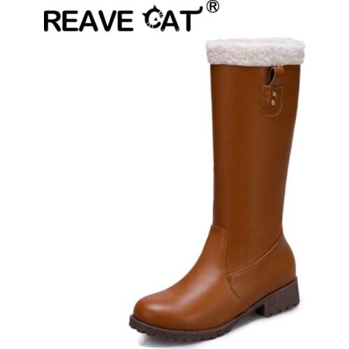 REAVE CAT 2021 Princess Cute Knee High Boots Belt Buckle Lolita Slip On Plush Round Toe Square Heel US17 White Black Brown A4504