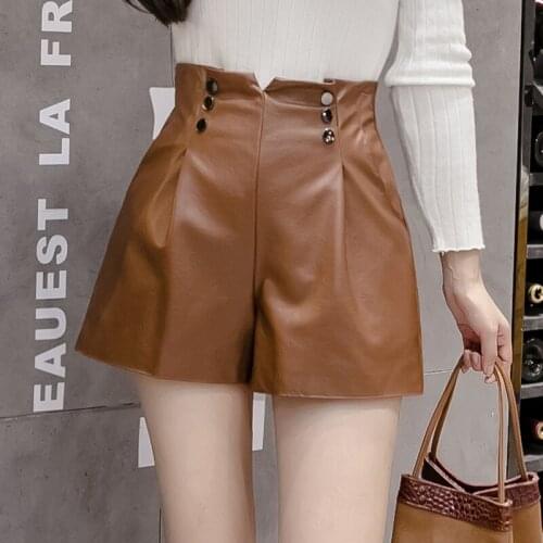 Women Woolen Shorts 2019 Autumn Winter New Fashion High Waist Double-breasted Leather shorts Shorts Ladies Casual Wide Leg Short
