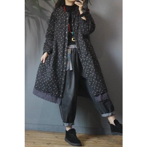 Women Loose Patchwork Parkas Ladies Cotton Linen Autumn Winter Coat Topcoat 2021