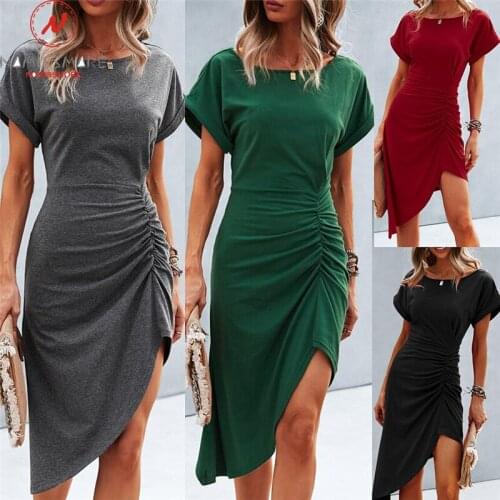 Women Summer Streetwear Solid Color Pencil Dress Shrinkage Irregular Design O-Neck Short Sleeve High Waist Slim Hips Dress
