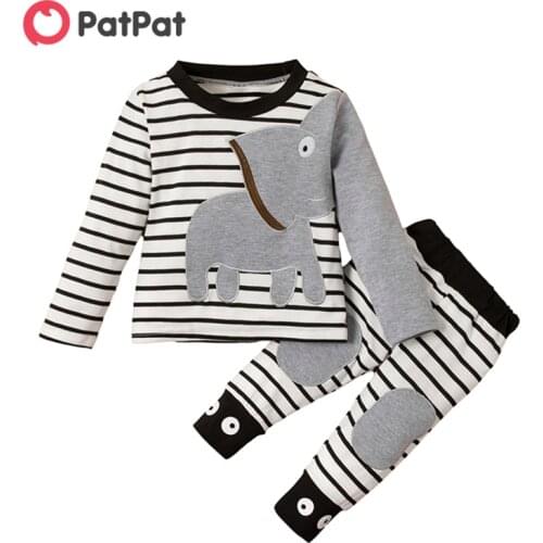 PatPat 2021 New Arrival Autumn and Spring Elephant Applique Striped Top and Pants Set Baby Kids Clothes