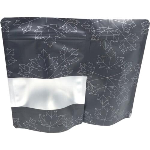 50Pcs/Lot Black Aluminum Mylar Foil Zip Lock Stand Up Bag with Frosted Window Maple Leaf Printed Grip Seal Tear Notch Doypack