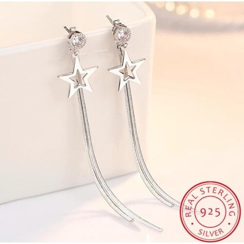 925 Sterling Silver Tassel Earrings For Women Zirconia Star Long Earrings Chain oorbellen Boucle d'oreille New Trendy S-E865