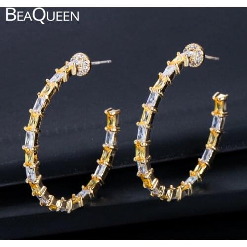 BeaQueen Stylish Champagne Baguette Cubic Zirconia CZ Round Circle Hoop Earrings Yellow Gold Color Jewelry for Women E239