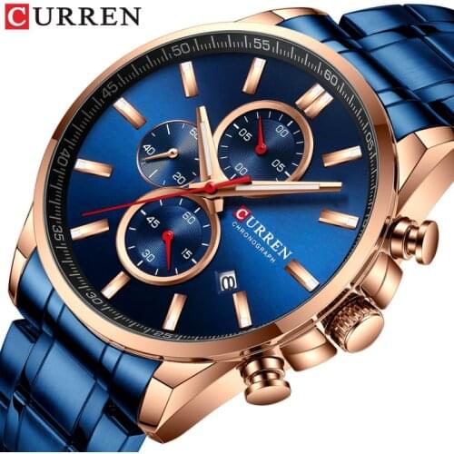 Curren Mens Watch Causal Sport Watches Top Luxury Brand Blue Full Steel Quartz Wristwatch Chronograph Military Male Clock