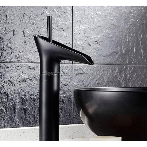Black Brass Waterfall Faucet Bathroom Vanity Vessel Sinks Mixer Bathroom Basin Sink Faucet Tap Cold And Hot Water Tap Khg036