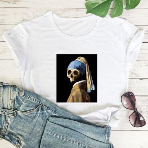 Colored The Skull Girl With A Pearl Tooth T-shirt Abstract Art Top Tee Shirt Funny Women Graphic Gothic Skeleton Tshirt