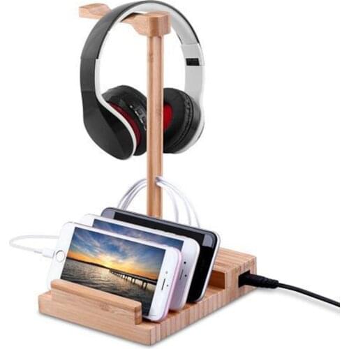 Wooden Desktop 3 Ports Headset Hanger Storage Rack USB Charging Dock Station