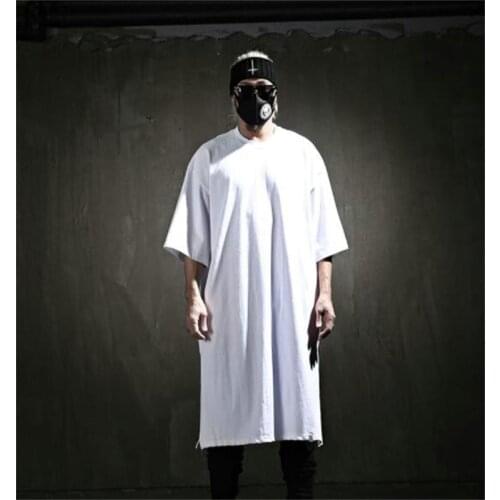 Big fashion mens new solid low cut crew neck short front and long back loose short sleeve T-shirt black and white summer