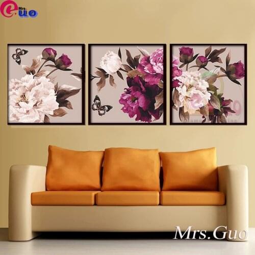Horizontal 3 Pieces Wall Art Diamond Painting Triptych Flowers Cross Stitch Retro Living Decoration Peony Butterfly Home Decor