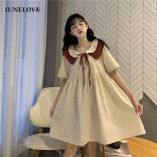 JuneLove Sweet Japanese Style Women Lolita Ulzzang Fashion Summer New Cute Dress Peter Pan Collar Lace Up Panelled Party Dress