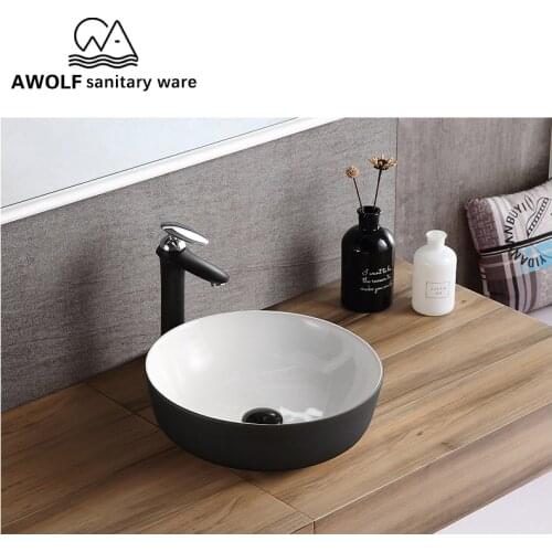 Ceramic Vessel Bathroom Sinks 420*420*135mm Above Counter Washing Basin With Pop Up Drain Soft Hose Simplicity Matte Black AM816