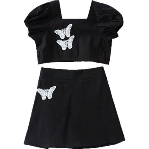 Girl Set 2021 New Summer 2-6Y Baby Girls Clothes Short Sleeves + Skirt Square Collar Butterfly Embroidery Decoration Clothing