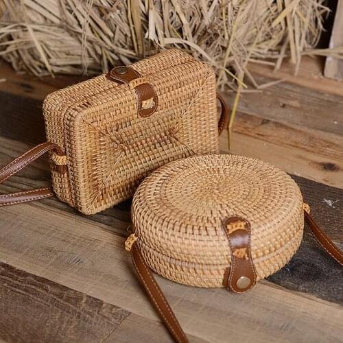 Fashion Handmade Bali Batik Round Rattan Straw Bamboo Bag Brown Leather Strap Fashion Vintage Literary Shoulder Bag For Lady