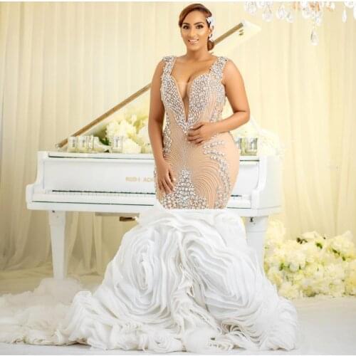 Major Beading Wedding Dresses Plus Size Women African Crystals vestidos de novia Middle East Mermaid Bridal Dress Ruched Train