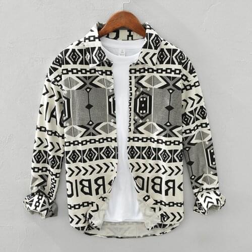 1035 Autumn Geometric Printed Shirt For Men Retro Classic Relaxed-Fit Fashion Urban Handsome Holiday Party Long Sleeve Tops Male