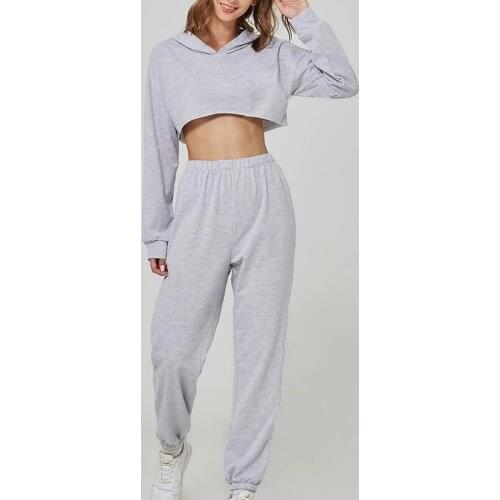 Casual Women Fleece Sportwear Sets Long Sleeve Cropped Hoodie And Elastic High Waist Sweatpant Suits 2021 Fashion Solid Outfits