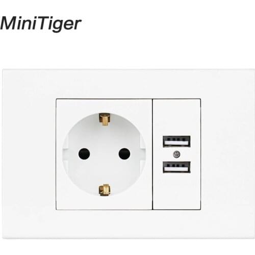 Minitiger Wall USB Socket Plug Grounded 16A EU Standard Outlet With 1000mA Dual USB Socket Charger Port for Mobile 118mm*80mm