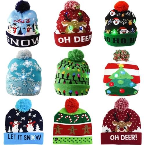 Christmas Hats Sweater Santa Elk Knitted Beanie Hat With LED Light Up Cartoon Patteren Christmas Gift For Kids New Year Supplies