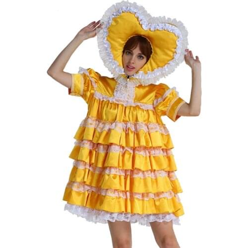 Adult Baby Sweet Heart Sissy Lockable Satin Yellow Dress Uniform Crossdress Cosplay Costume