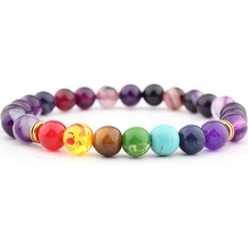 Seven Chakras 8mm Purple Striped Stone Beads Bracelet Natural Stone Buddha Strand Bracelet Stretch Yoga Jewelry