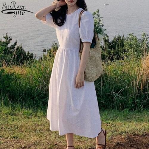 Chic Solid Cotton White O-Neck Dress Korean Summer Women Dress for Women Sweet French Party Dress Vestidos 14148