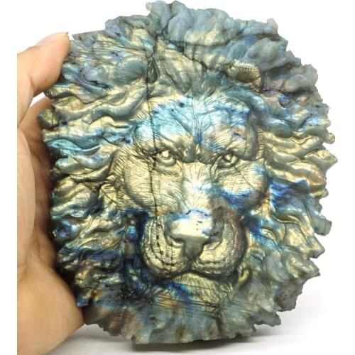 5.43" Lion Head Labradorite Figurine Carved Stone Animal Statue Healing Reiki Home Office Decor