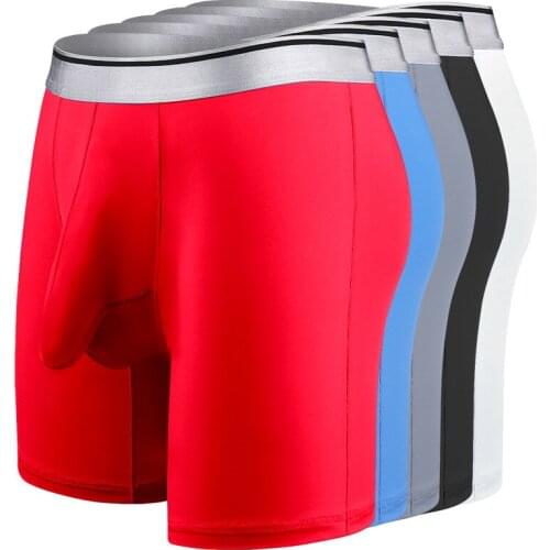 TOQUCL Extra Pouch Underwear Men Boxershorts 4pcs/lot Nylon Ice Silk Solid Long Male Panties for Men with scrotum support bag