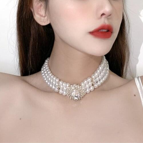 U-Magical Luxury Multi-layer Beaded Imitation Pearl Chokers Necklace for Women Trendy Geometric Rhinestone Necklace Jewellery